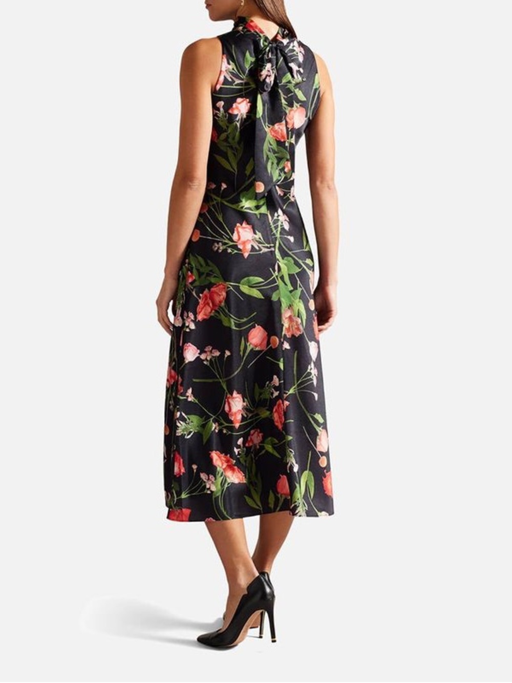 Ted Baker Sleeveless Black Floral Tie-Back Midi Dress